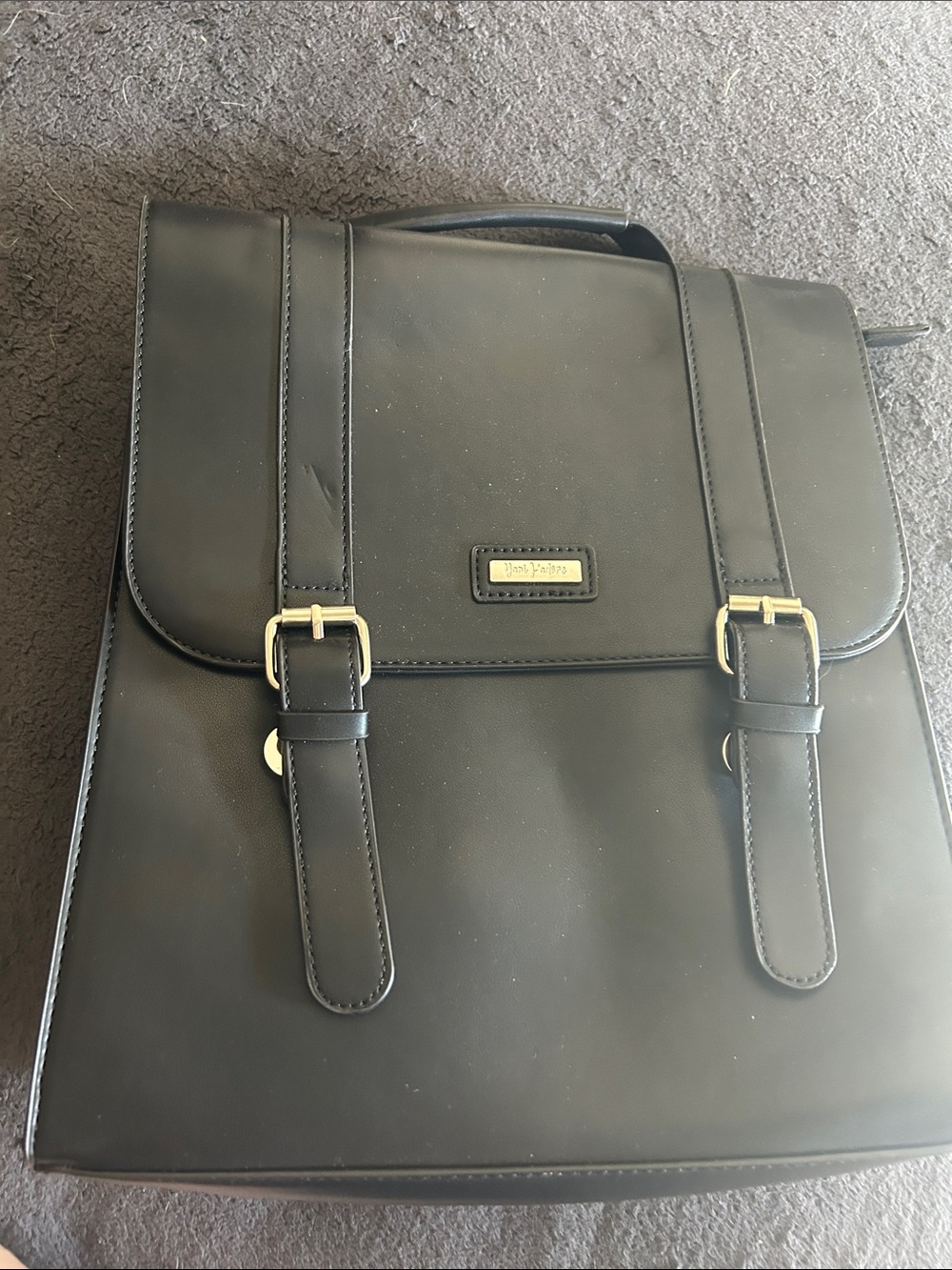 Black Faux Leather Men's Backpack with Buckle Detail